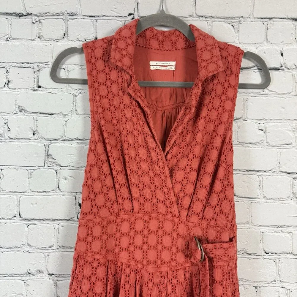 Anthropologie Elm Collared Eyelet Dress Sleeveless Coral Orange - Picture 9 of 16
